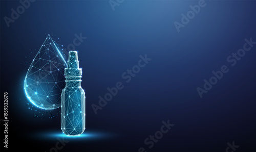 3d medical spray bottle with water drop Liquid medication, spray application, eye drops, throat spray, nasal spray, hydration therapy, pharmaceutical treatment concept.