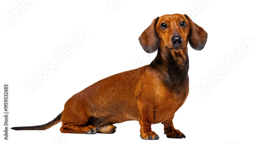Fotografie Adorable brown and black short-haired dachshund dog posing attentively, looking