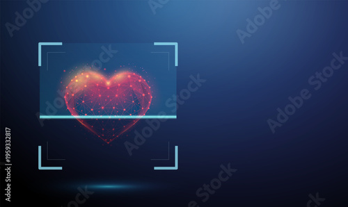 3d red heart shape inside blue digital scanning frame. Emotion analysis, user feedback monitoring, heart health analysis, wellness tracking, cardiology check concept.