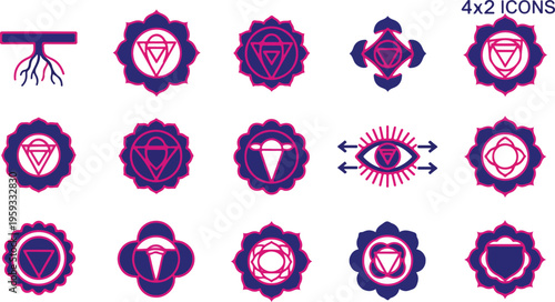 Set of 15 purple and pink chakra icons vector for spiritual wellness, meditation, yoga, and holistic health designs isolated PNG with Transparent Background