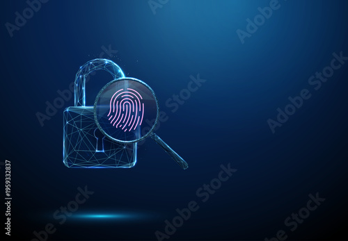 3d padlock under magnifying glass with fingerprint inside. Security inspection, biometric access verification, identity authentication, encrypted entry analysis concept.