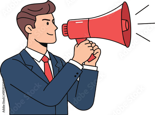 A cartoon businessman in a blue suit holding a red megaphone and announcing something to an audience.