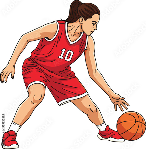 A female basketball player in a red uniform skillfully dribbles the ball on the court with focus and determination.