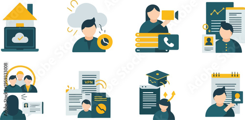 Set of 8 flat vector icons illustrating business communication, remote work, online education, and human resources concepts for web and app design isolated PNG with Transparent Background