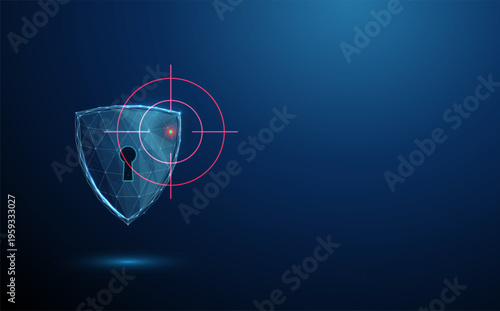 3d shield with keyhole inside target crosshair. Security targeting, vulnerability detection, cybersecurity threat focus, access protection analysis, risk identification concept.