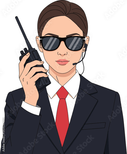 A cartoon woman in a business suit holding a walkie-talkie and wearing sunglasses