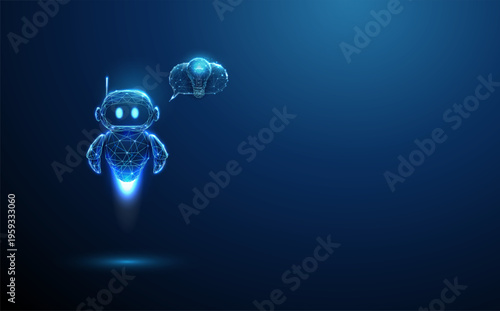 3d robot with speech bubble with light bulb. AI idea generation, smart assistant brainstorming, creative problem solving, intelligent suggestions, innovation support concept.
