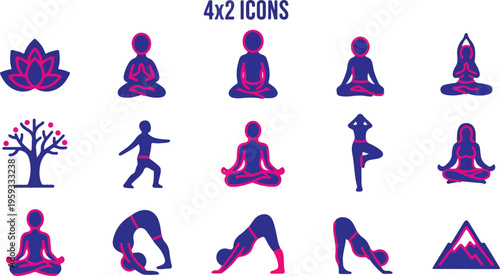 Set of 15 purple and pink yoga icons vector, featuring various meditation poses, lotus flower, and tree for wellness and health designs isolated PNG with Transparent Background