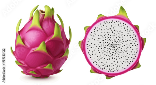 Vibrant Dragon Fruit A Tropical Delight, Whole and Halved