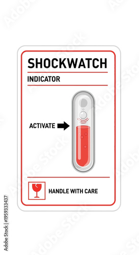 Close-up of a shockwatch indicator label with an activated red gauge on a white background.