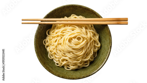 Foto Delicious cooked Asian egg noodles with chopsticks in a ceramic bowl ready to ea