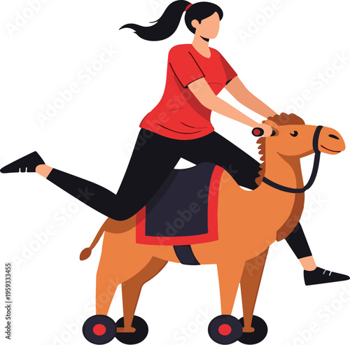 A cartoon woman rides a horse with wheels while