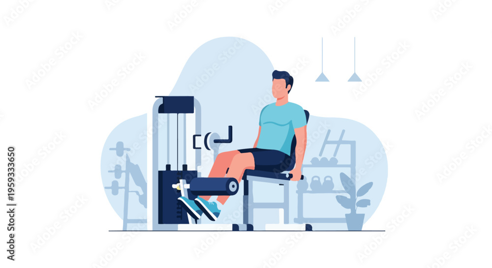 Fototapeta premium Men Using Leg Extension Machine in Gym Bodybuilding Workout Vector Illustration