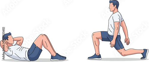 A fit man performing crunches and lunges in a workout routine for strength and fitness