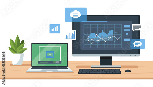 A laptop and desktop computer display data analytics and charts.
