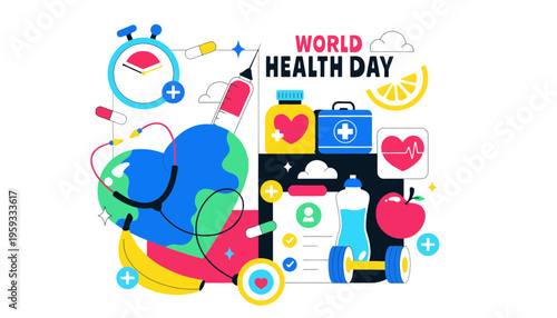 Health day illustration with colorful medical icons and globe