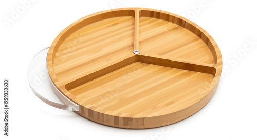 Round Bamboo Serving Tray with Three Divided Compartments and Clear Handle for Appetizers and Snacks