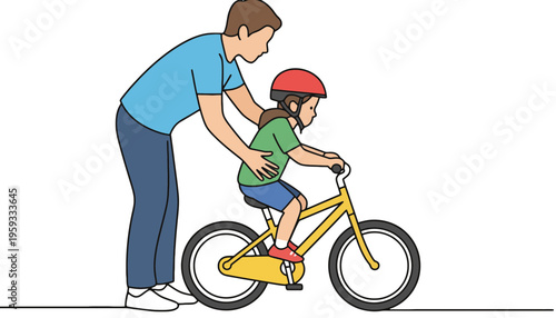 Adult teaches child to ride a bicycle with a helmet.