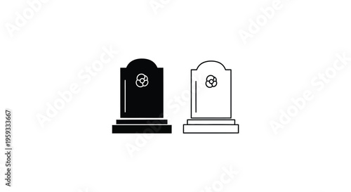 Tombstone, gravestone, memorial icon set, black and white vector graphics