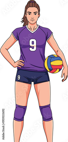 A female volleyball player wearing a purple jersey and holding a colorful volleyball with confidence.