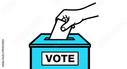 A hand places a ballot into a blue voting box labeled 'VOTE'.
