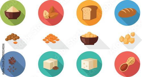 Set of 12 flat vector icons depicting common food allergens like nuts, wheat, soy, and dairy, perfect for health and diet-related designs isolated PNG with Transparent Background
