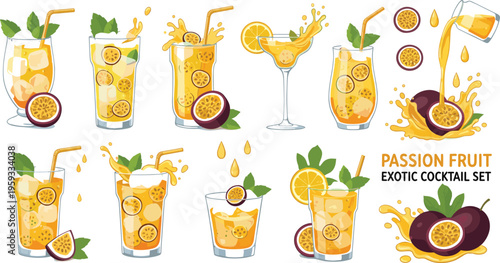 Passion fruit exotic cocktail set with fresh juice splashes, tropical drinks, citrus slices, mint garnish, summer beverage vector collection isolated on white background