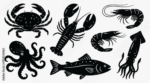 Seafood Black Silhouette Icon Set Crab Lobster Octopus Shrimp Fish Squid