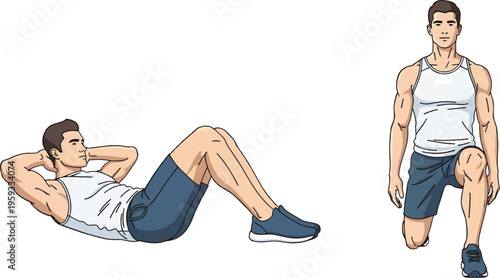Man doing crunches and lunges vector illustration