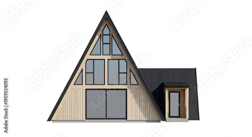 Architectural render of a modern A-frame house, showcasing its unique triangular design, expansive windows, and natural wood siding, ideal for contemporary living