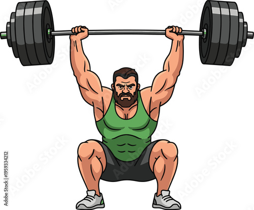 Man squat lifting barbell vector illustration