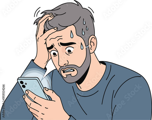 Stressed man with phone, vector illustration