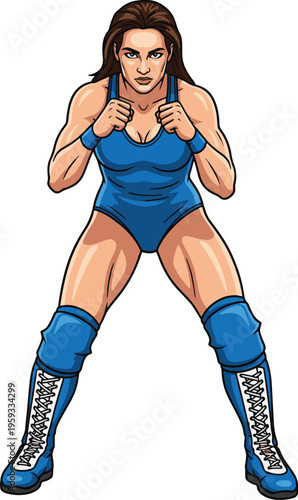 Female Wrestler Fighting Stance Vector Illustration