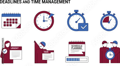Set of 8 red and blue vector icons for deadlines and time management, featuring calendars, clocks, stopwatches, and task planning elements isolated PNG with Transparent Background