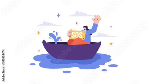 A man in a boat holding an SOS sign in distress