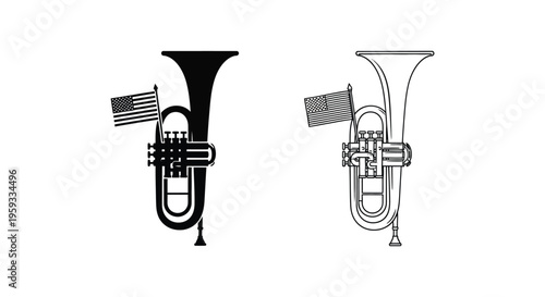 Tuba, Sousaphone, American Flag, Patriotic Vector Illustrations, Musical Instruments