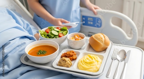 Hospital food tray with soup bread and balanced meal