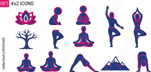 Set of 8 yoga and meditation icons vector in blue and pink, featuring various poses, lotus flower, tree, and mountains for wellness design isolated PNG with Transparent Background