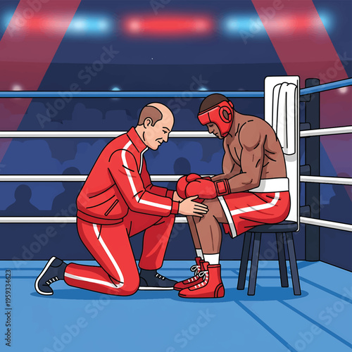 Boxing coach helps fighter in ring vector illustration