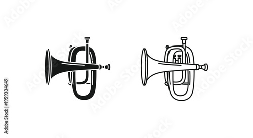 French horn, trumpet icons, black and white, vector illustrations, musical instruments