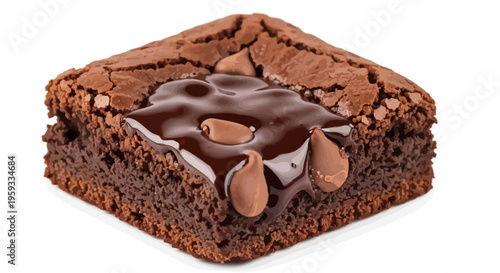 Gourmet fudgy chocolate brownie square topped with rich, melted chocolate sauce, perfect for a decadent dessert or sweet treat