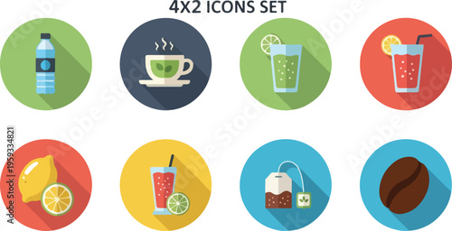 Set of 8 flat design vector icons for drinks including water bottle, hot tea, lemonade, coffee bean, and fruit juice isolated PNG with Transparent Background
