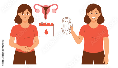 Menstrual period woman holding sanitary pad feeling relief and comfort