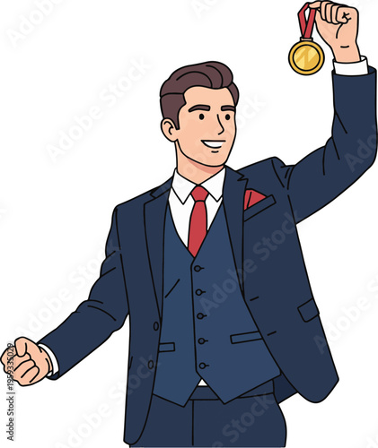 Businessman celebrating holding gold medal vector illustration