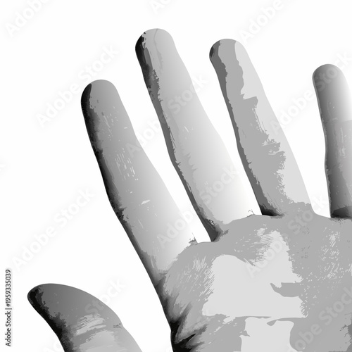 A grayscale illustration depicting an open human hand with fingers extended