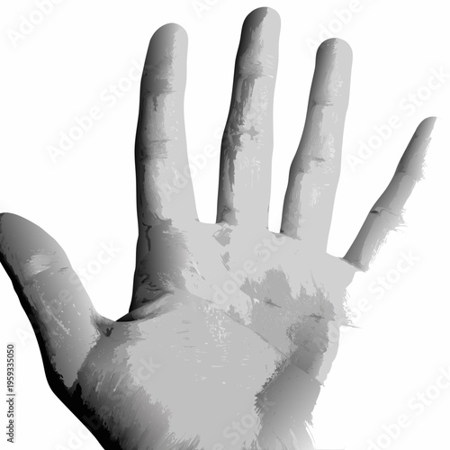 A grayscale illustration depicting an open human hand with extended fingers