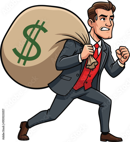 Man carrying large money bag vector illustration