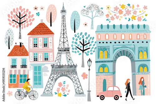 Charming illustration depicts iconic parisian landmarks and whimsical floral elements