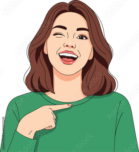 Woman Winking and Pointing at Herself, Joyful Vector