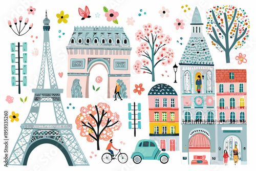 Charming illustration of parisian landmarks with floral and human elements